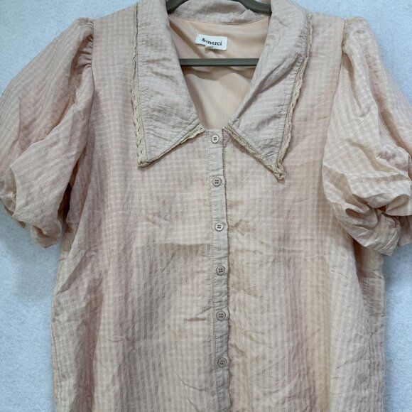 &merci Shirt Womens Large Beige Puff Sleeve Button-Up Collared Basic Polyester - Picture 4 of 9